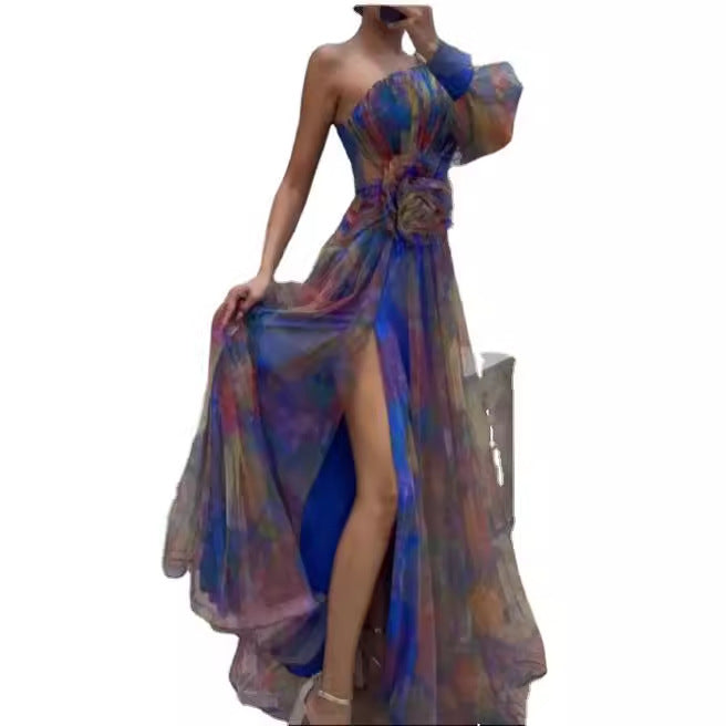 Damer Elegant Maxi Kjole med Asymmetrisk Design og Blomsterdetaljer Skjora