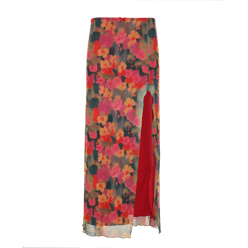 Dame Maxi skjørt med blomster chiffon-design og sidestilt Skjora