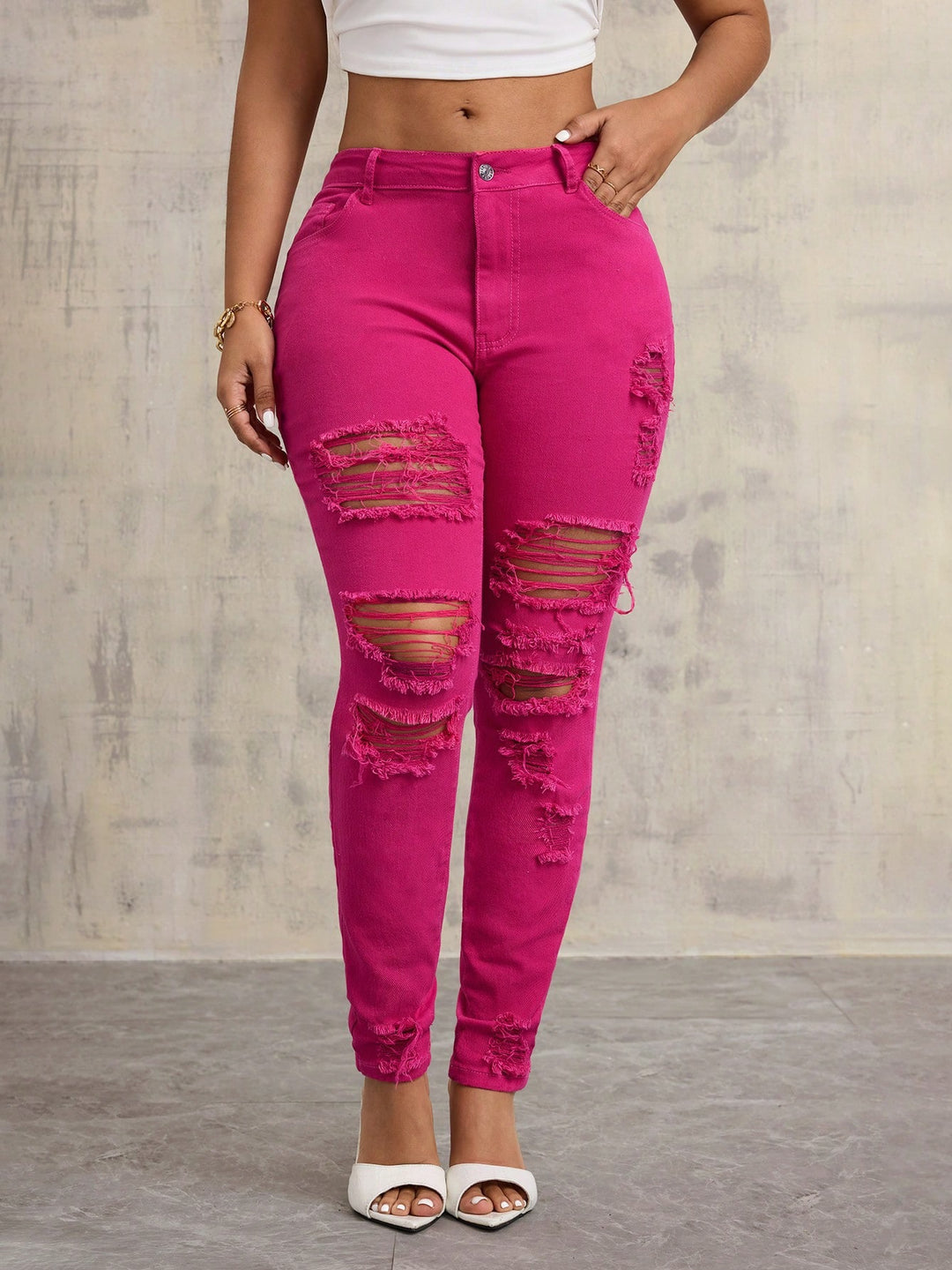 Kvinners casual skinny jeans med ødelagte detaljer og høy midje Skjora
