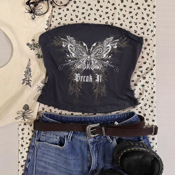 Dame Bandeau-top med leken rutemønster og dekorativt sløyfeakcent Skjora