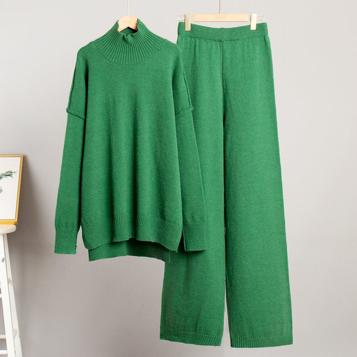 Dame Elegant Strikk Ensemble med Høy Krage og Løs Passform Skjora