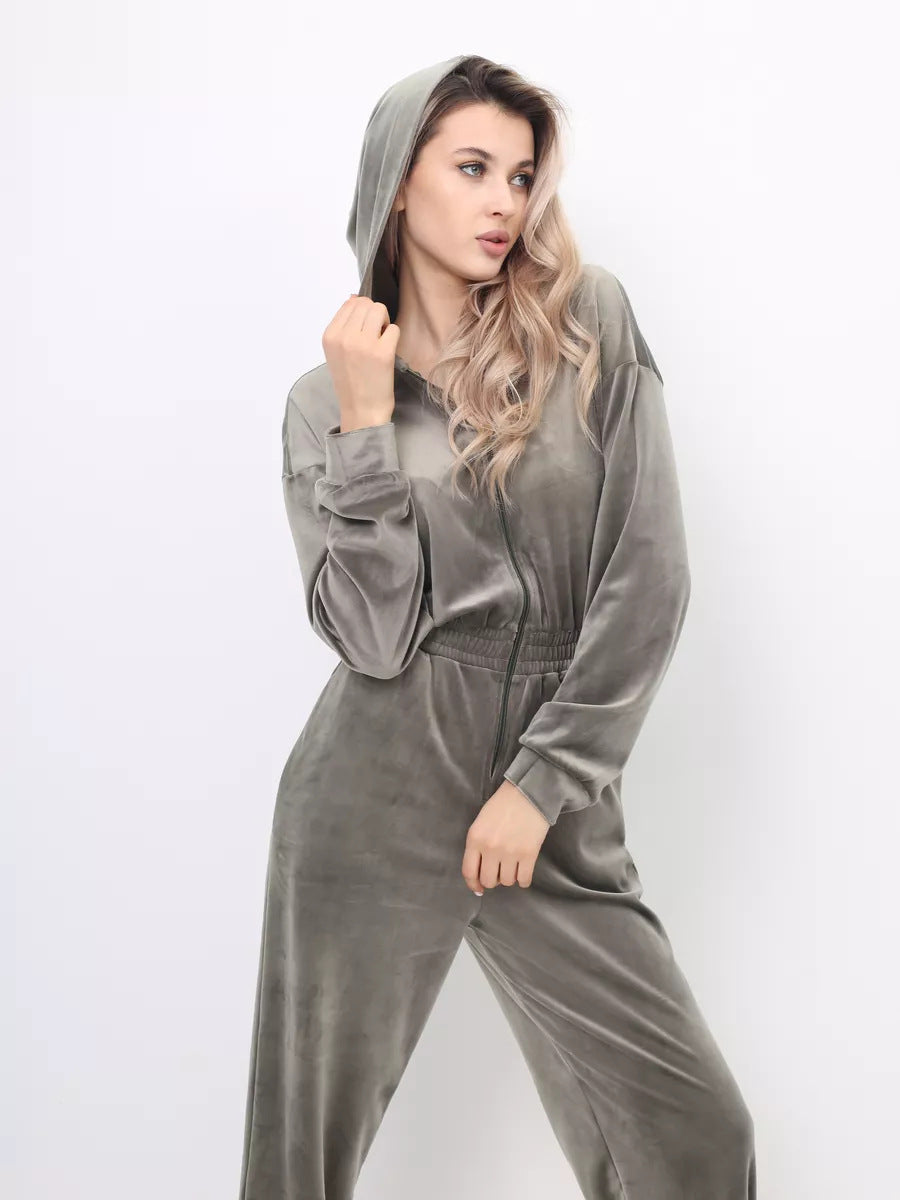 Damer sporty fleece jumpsuit med hette og elastisk midje Skjora