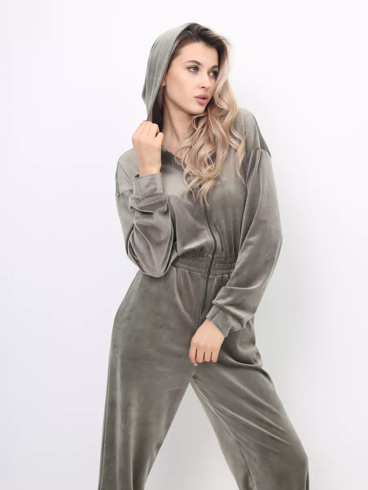 Damer sporty fleece jumpsuit med hette og elastisk midje Skjora