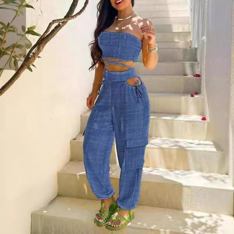 Dame Fasjonabel Todel bestående av Crop Top og Cargo-Bukse Skjora