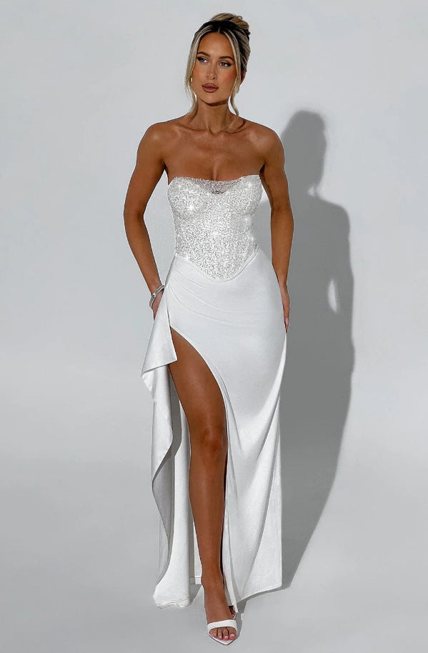 Women's High Neck Evening Gown with Sheer Bodice and Side Slits