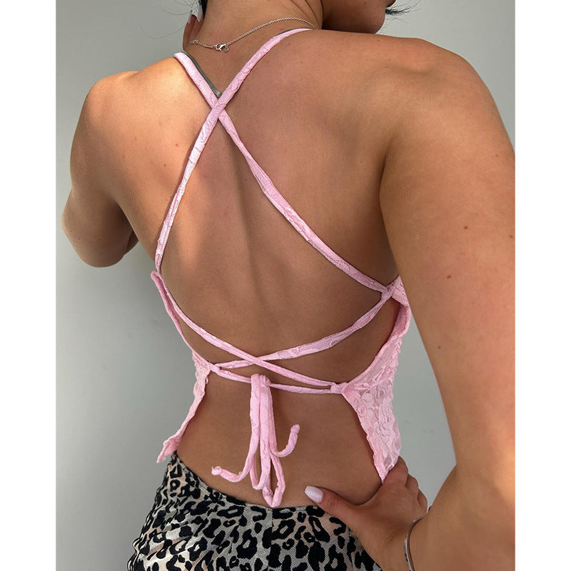 Dame spissblonde crop topp med justerbare spaghetti-stropper og blomsterdesign Skjora