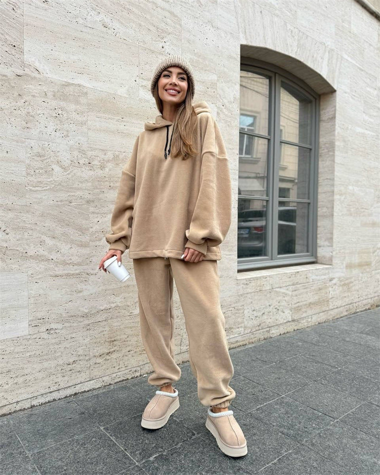 Damer Fleece Kuttet Sweat Suit med Høy Krage og Elastisk Midje Skjora