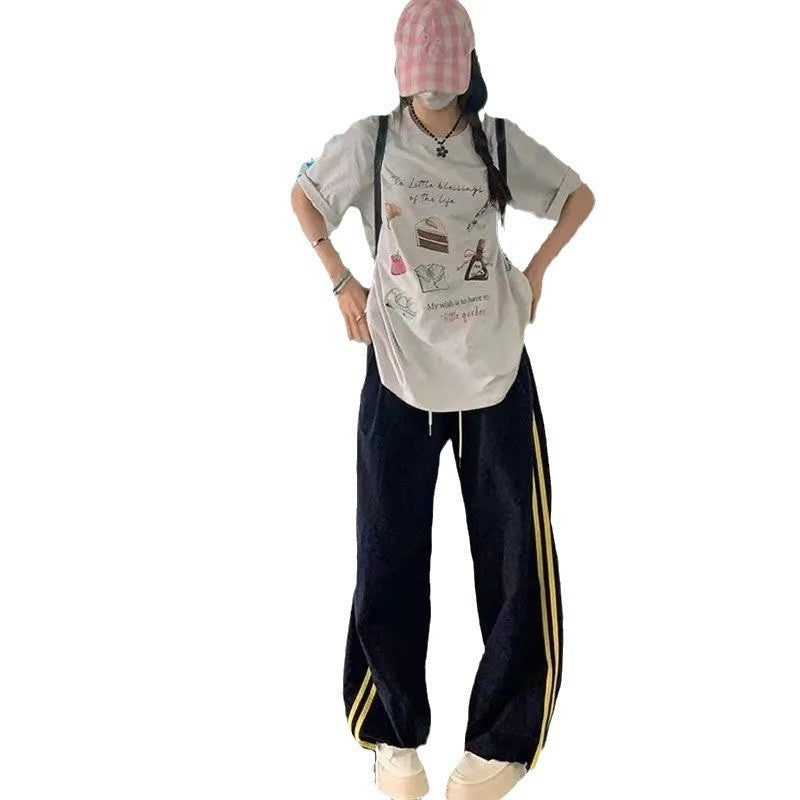 Kvinners casual sportbukser med sidestriper og elastisk midjebånd