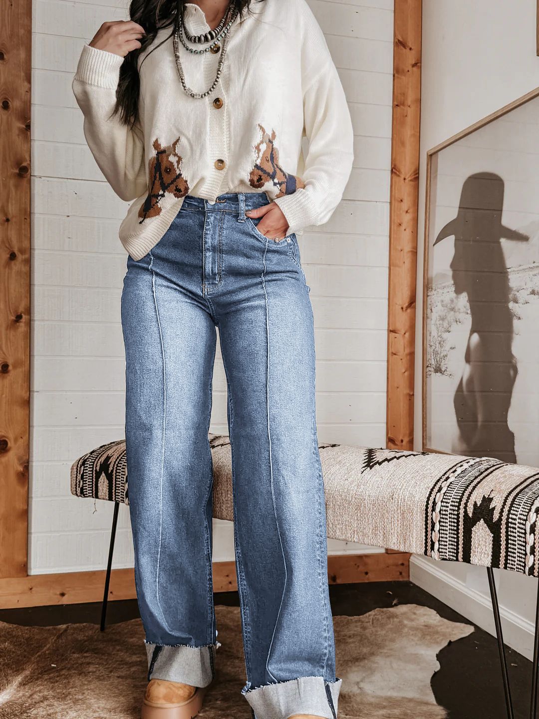 Kvinne brede høy midje jeans med unike kontrast sømmer og avslappet utseende Skjora