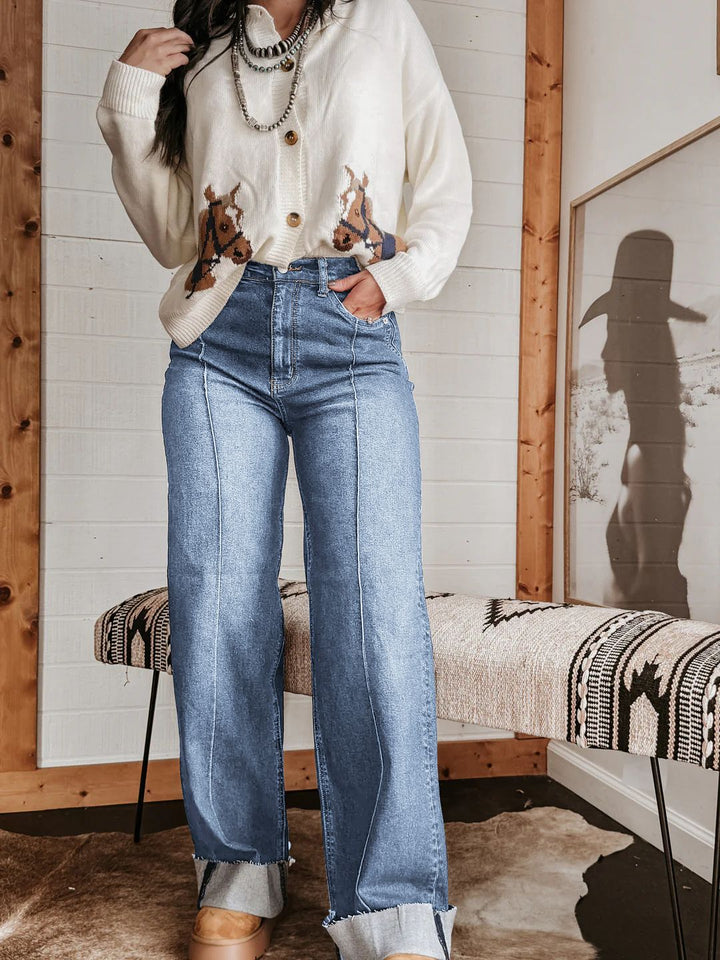 Kvinne brede høy midje jeans med unike kontrast sømmer og avslappet utseende Skjora