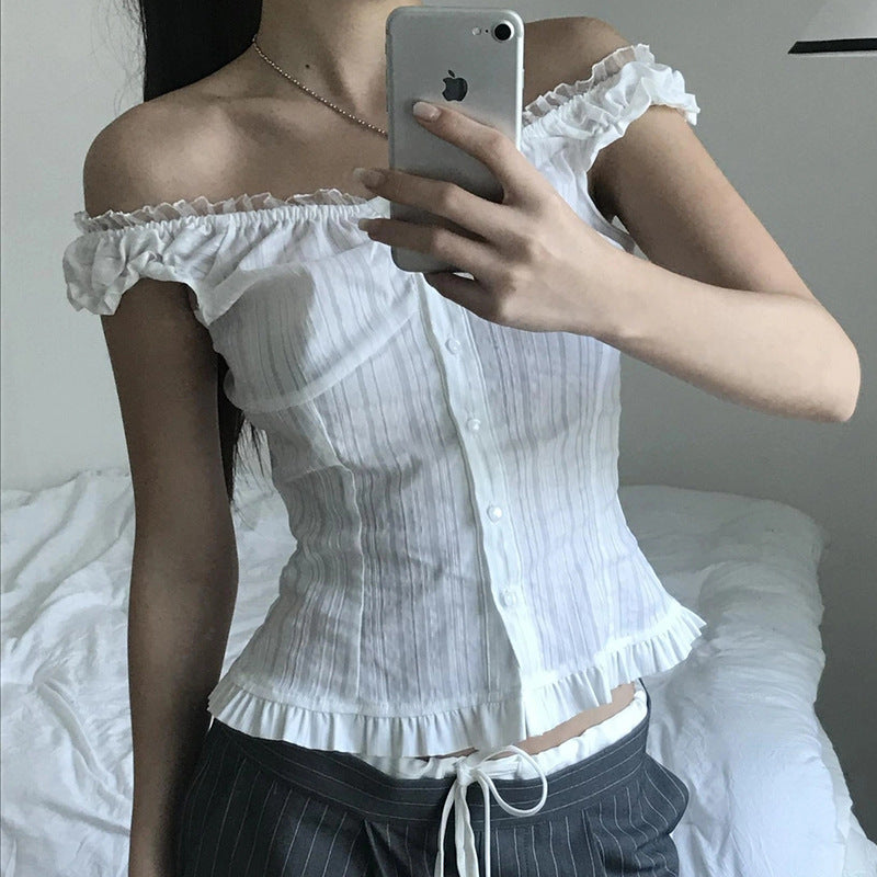 Dame Off-Shoulder Bluse med bølget kant Skjora
