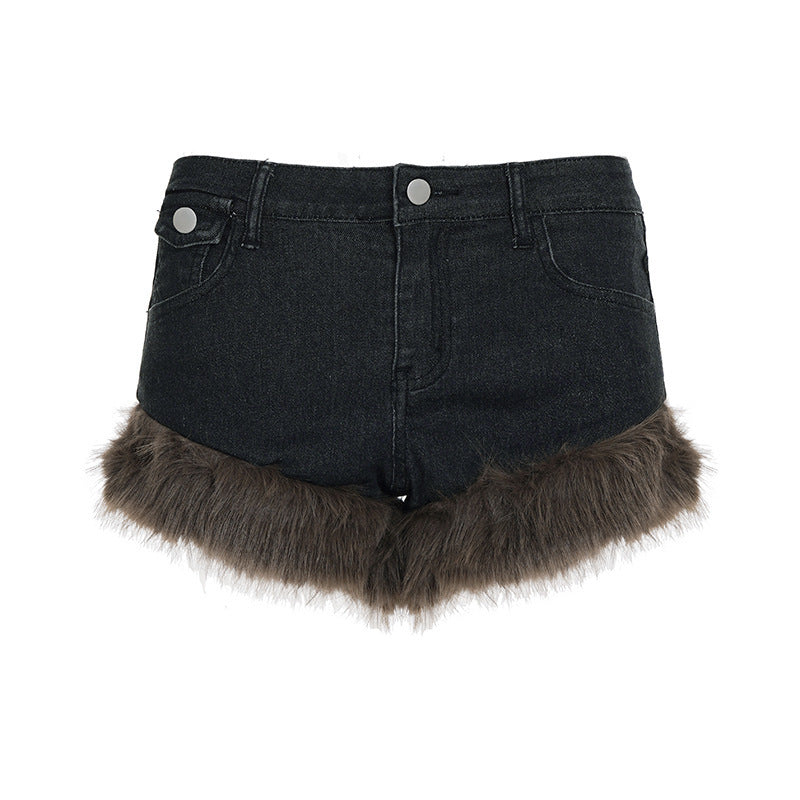 Dame Jeansshorts med luksuriøs kunstpelskant Skjora