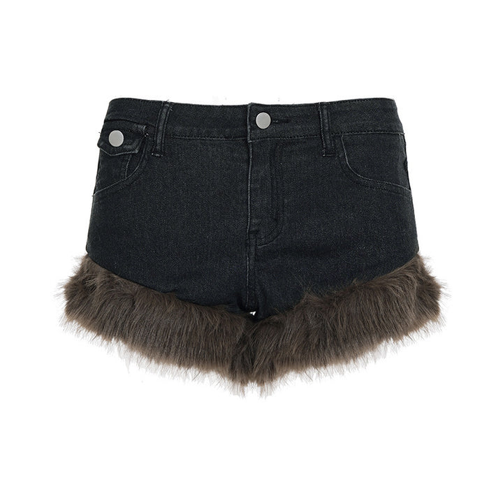 Dame Jeansshorts med luksuriøs kunstpelskant Skjora