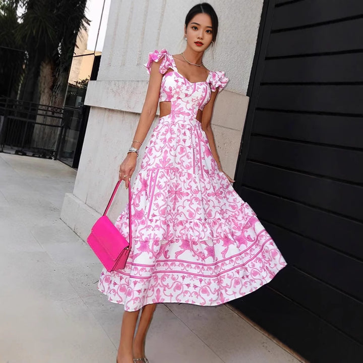 Dame Elegant Maxi Kjole med Utskjæringsdesign og Rynkedetaljer
