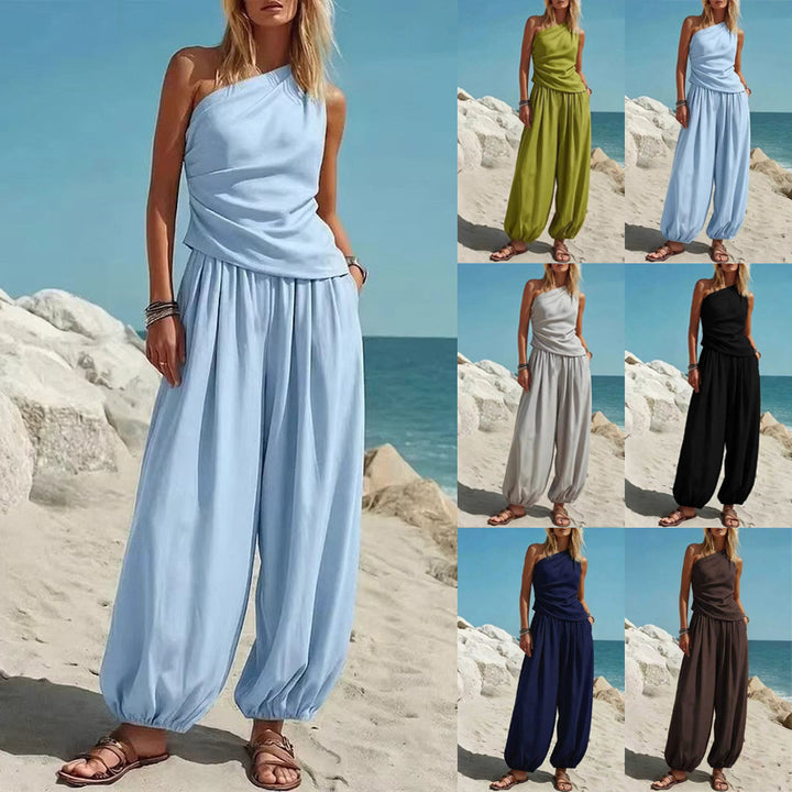 Damer Elegant Einteiler-Outfit med Flytende Snitt og One-Shoulder-Design Skjora