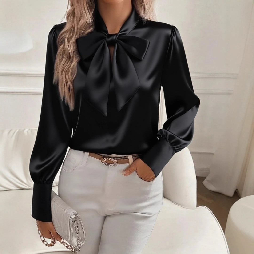 Dame elegant satengbluse med sløytekrage og pufferm Skjora