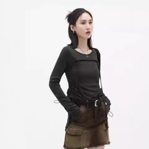 Damen Langerm Crop-Top med justerbar snor Skjora