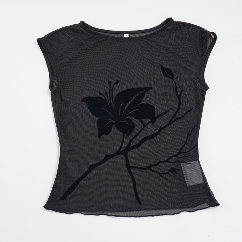 Damer gjennomsiktig mesh-bluse med blomstertrykk Skjora
