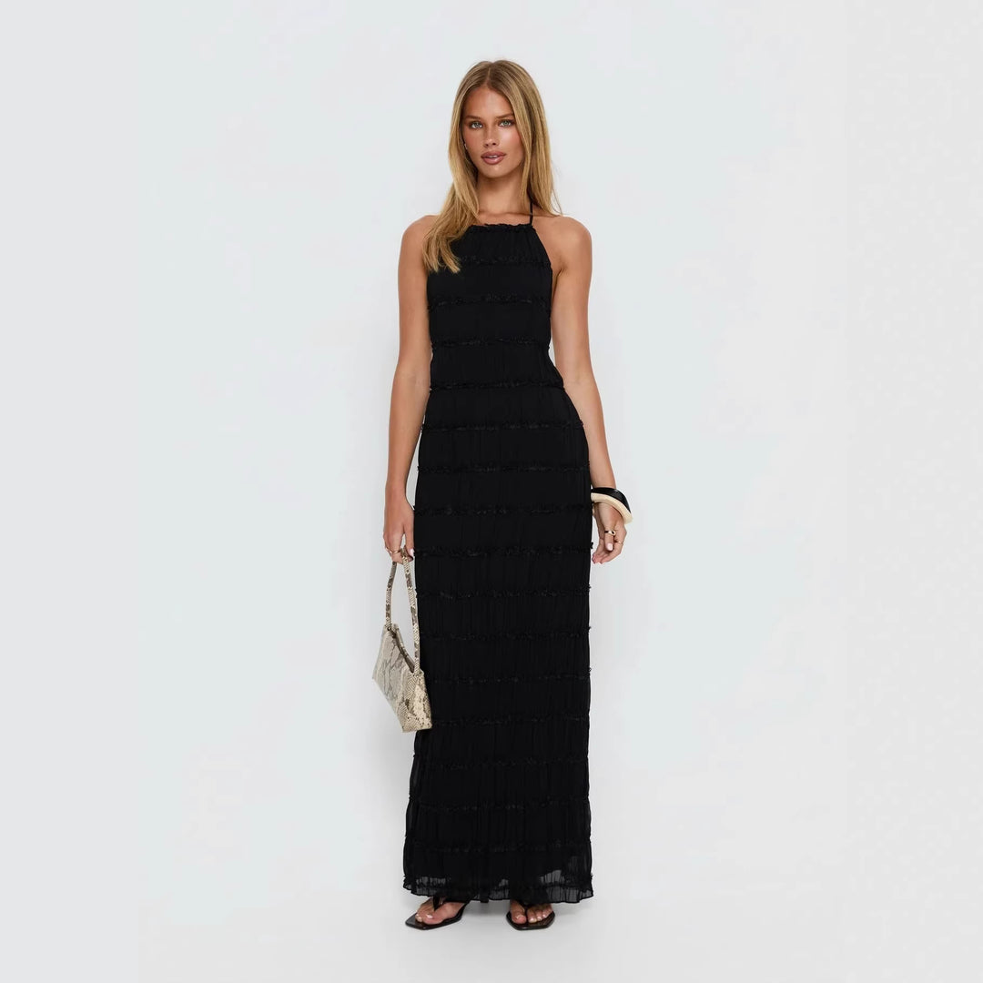Dame maxikjole med off-shoulder design og flytende volanger Skjora