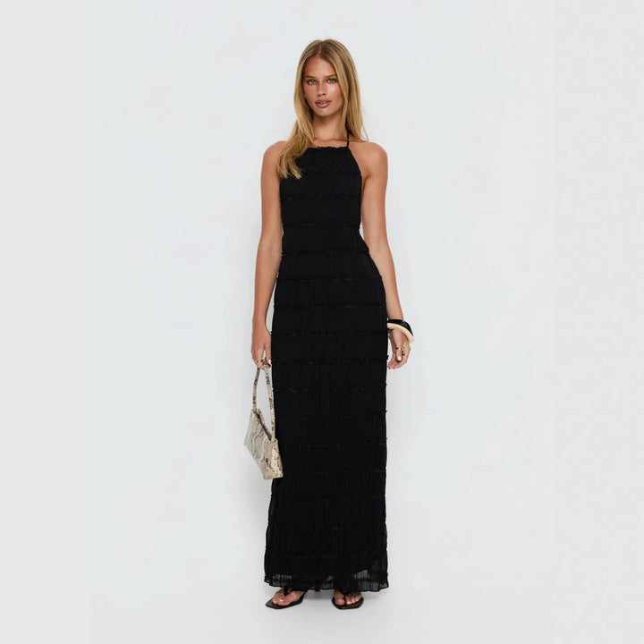 Dame maxikjole med off-shoulder design og flytende volanger Skjora