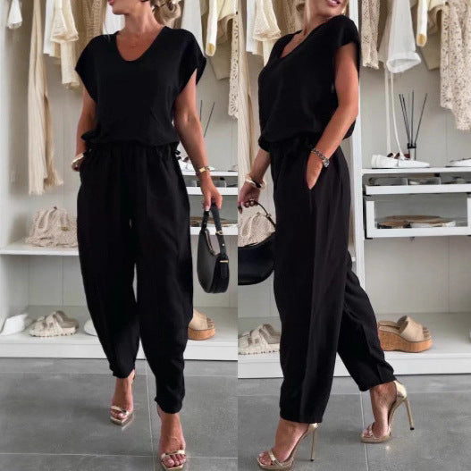 Dame Casual Jumpsuit med Elastisk Midjebånd og Lommer Skjora