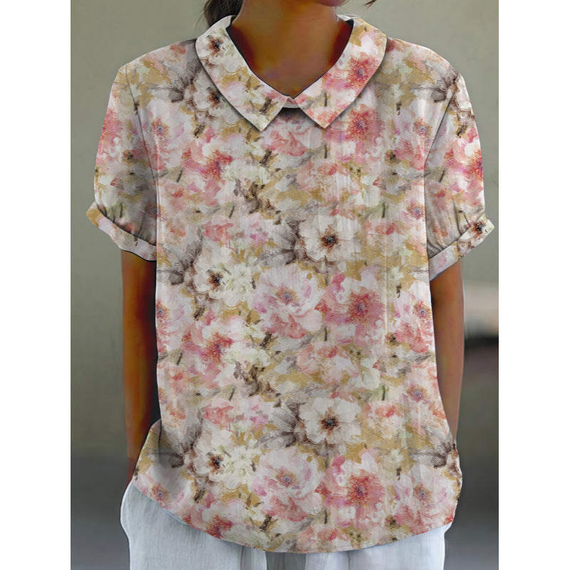 Dame kortermet bluse med florale accenter og klassisk krage Skjora