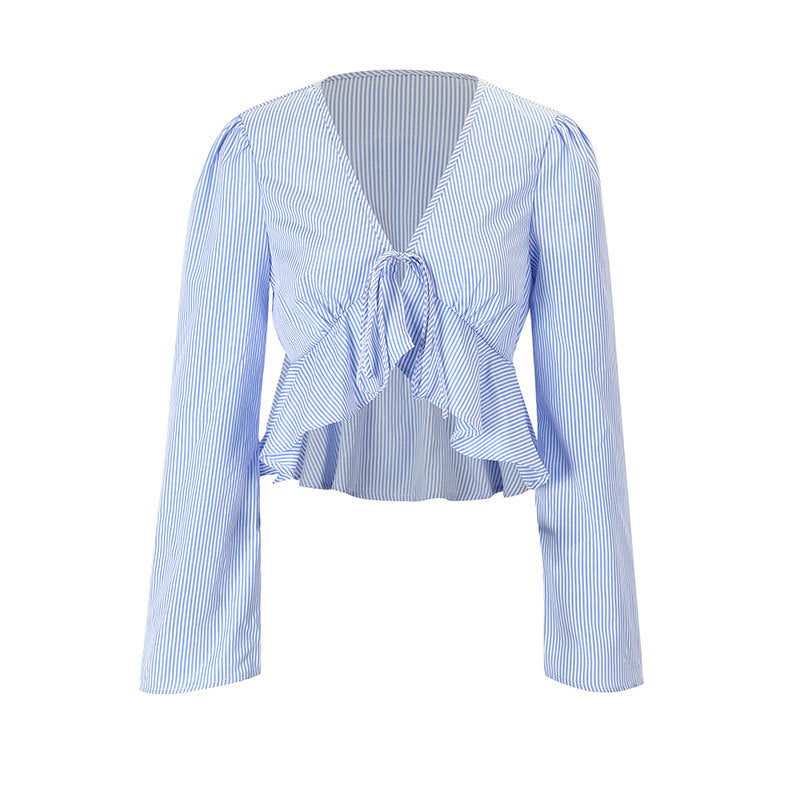 Dame cropped bluse med lekne volanger detaljer og knytbar slips lukking Skjora