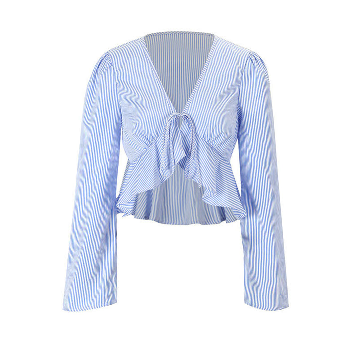Dame cropped bluse med lekne volanger detaljer og knytbar slips lukking Skjora