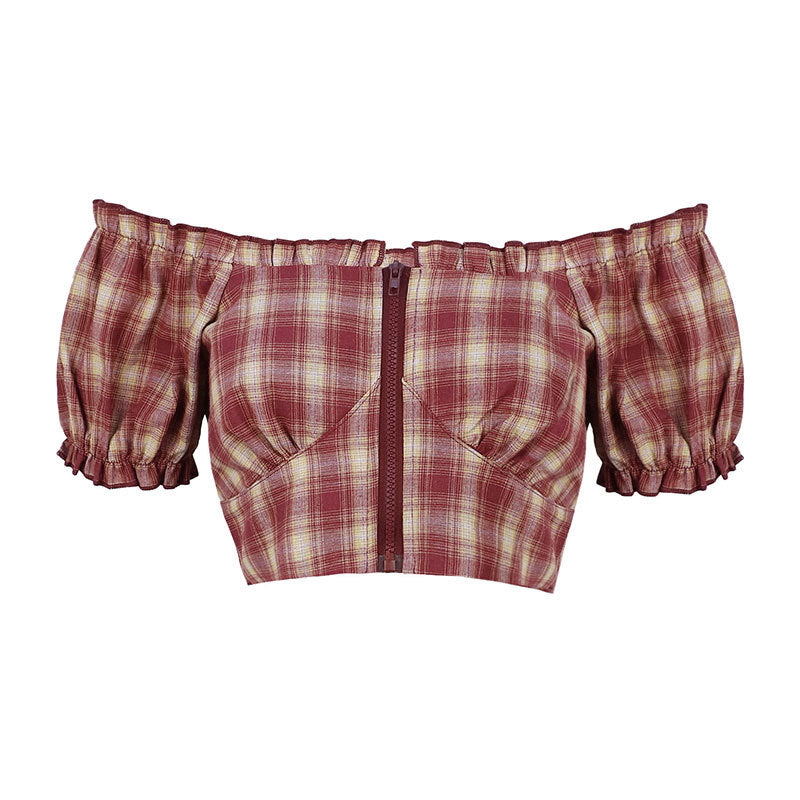 Damene Cropped Bluse med puffermer og glidelås Skjora