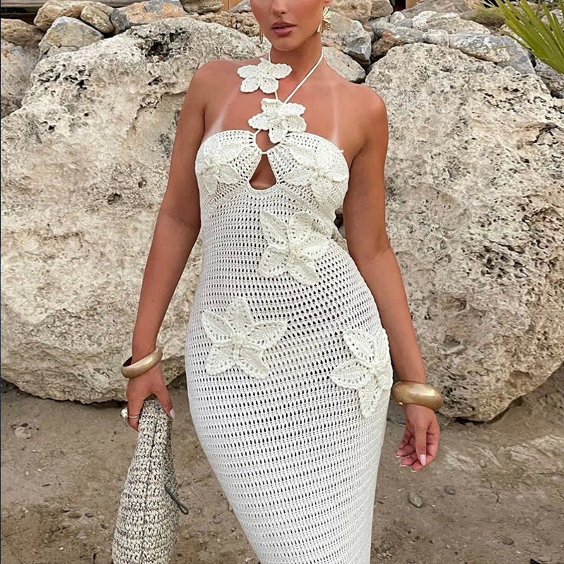 Damen Häkel-Maxikleid mit floralem Ausschnitt Skjora