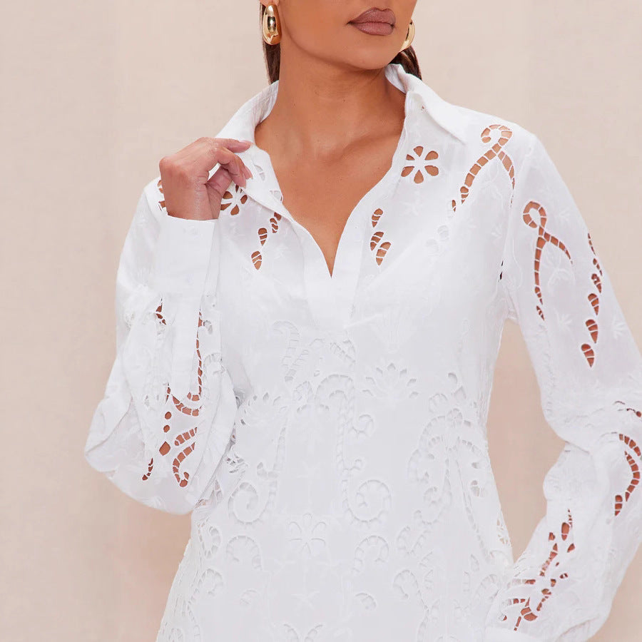Damen Elegantes Hemdblusenkleid mit raffinierter Lochstickerei und langem Ärmel Skjora