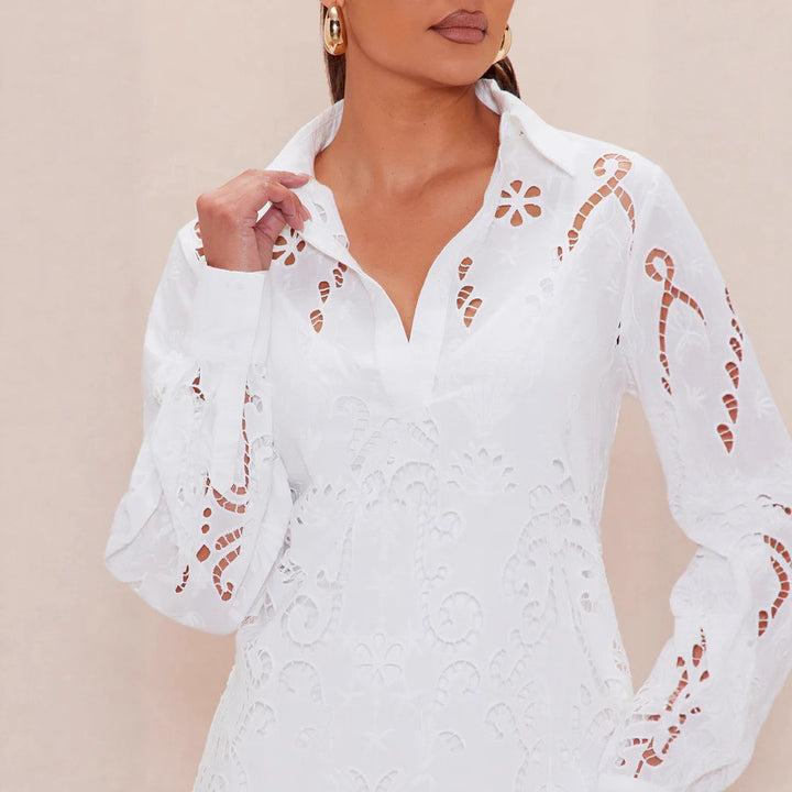 Damen Elegantes Hemdblusenkleid mit raffinierter Lochstickerei und langem Ärmel Skjora