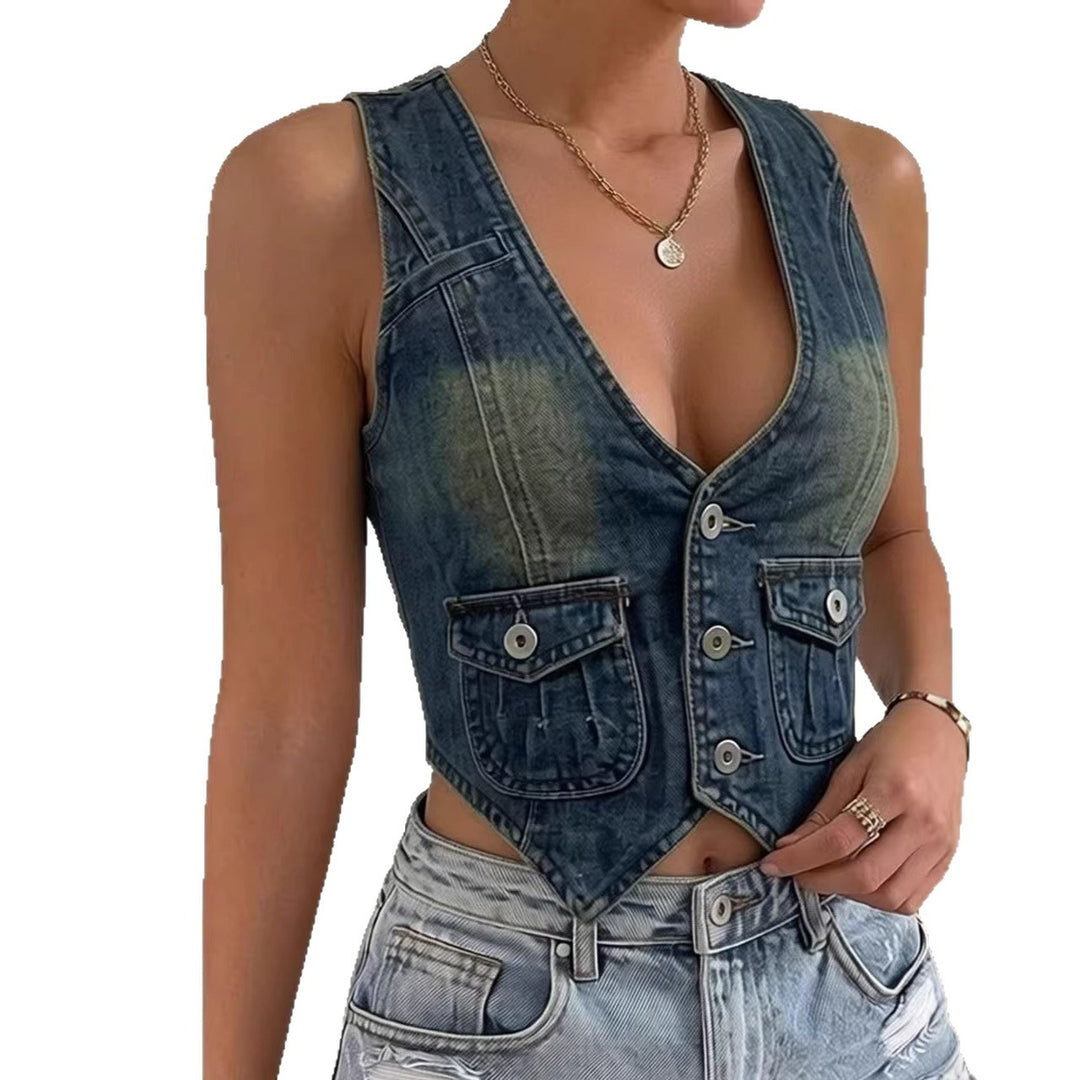 Dame ermeløs denimvest med påsydde lommer og dyp V-hals Skjora