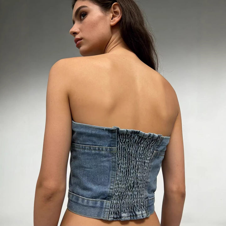 Dame Denim Bustier-top med knappedetaljer og innsnittet snitt Skjora