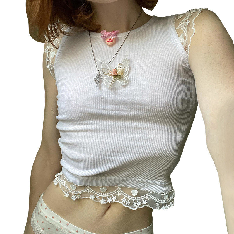 Dame delikat Crop-Top med romantisk blondekant Skjora