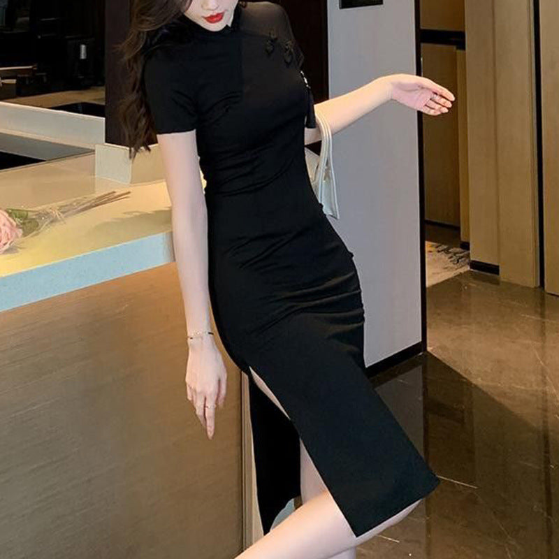 Damer elegant bodycon kjole med høy splitt og korte ermer Skjora