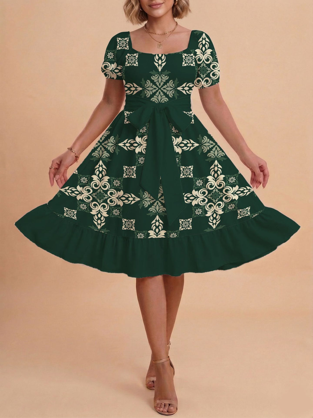 Damen Retro Maxikleid mit Puffärmeln und Taillengürtel Skjora
