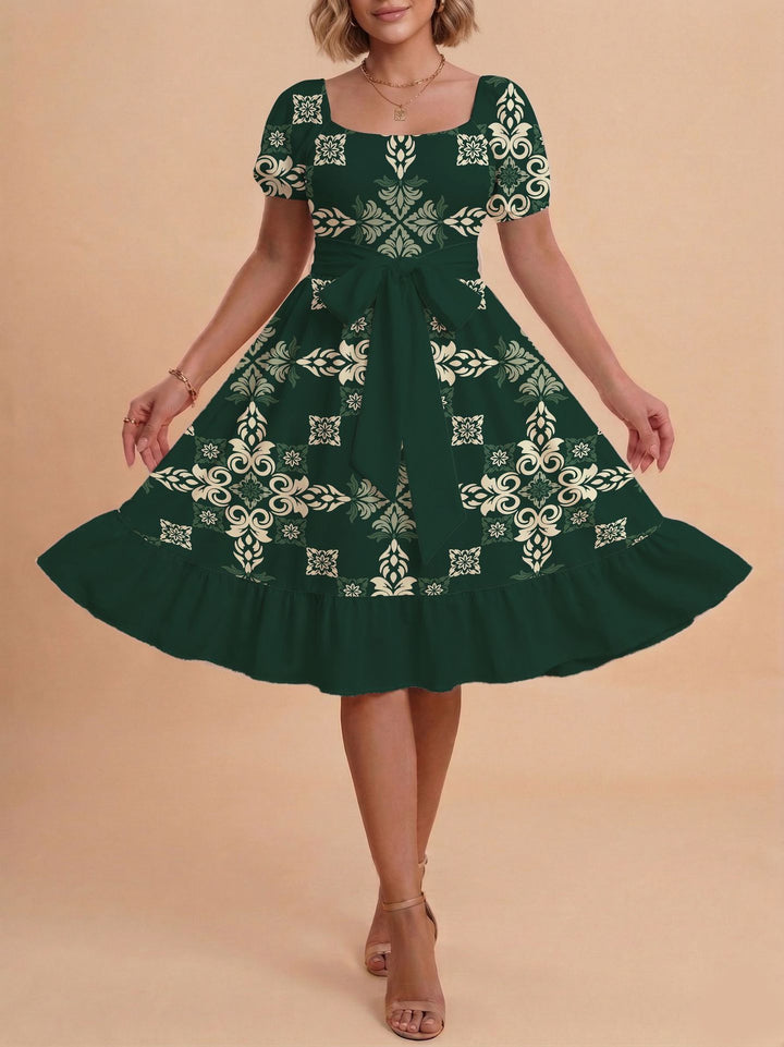 Damen Retro Maxikleid mit Puffärmeln und Taillengürtel Skjora