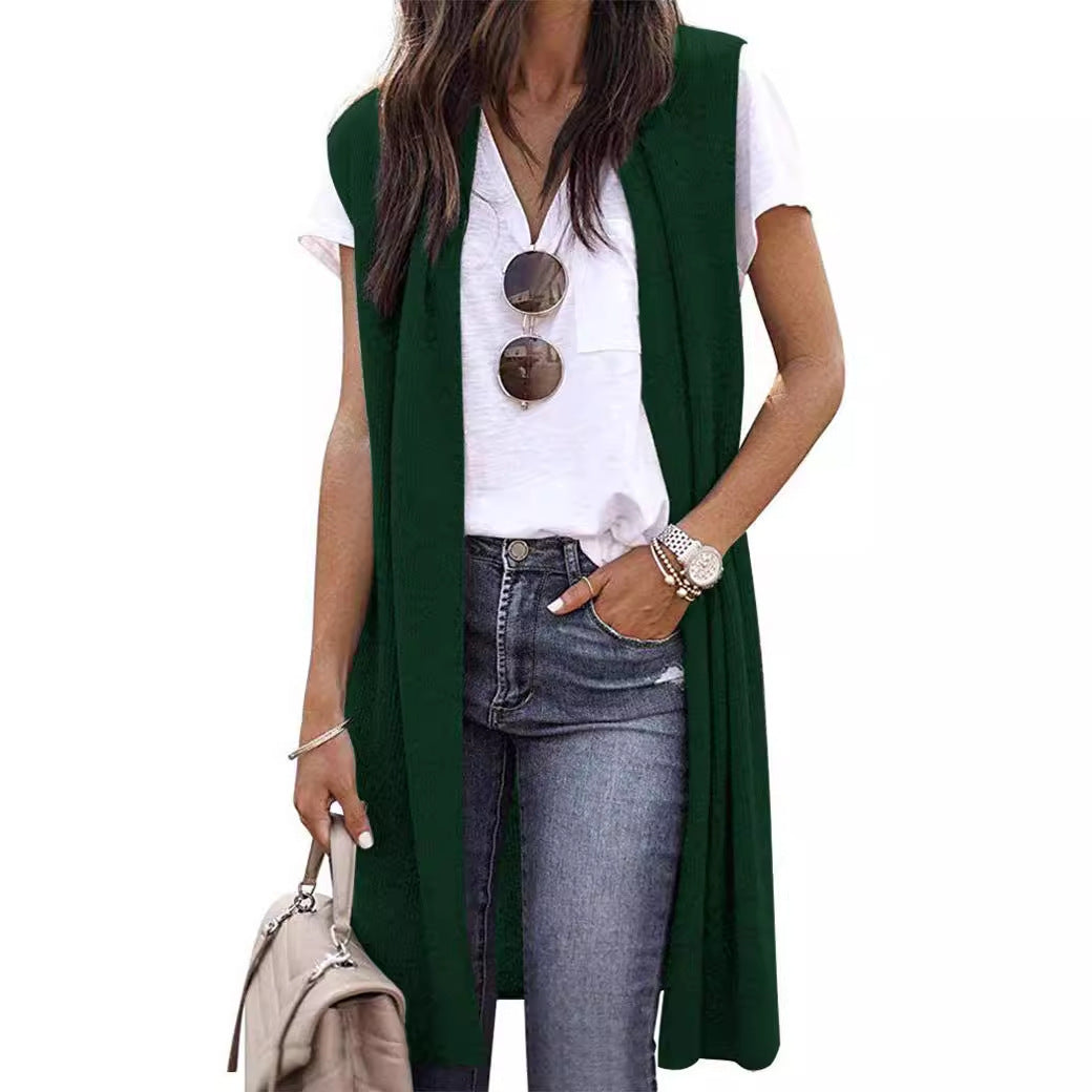 Dames Elegant Lang Strikket Vest i Uformell Stil