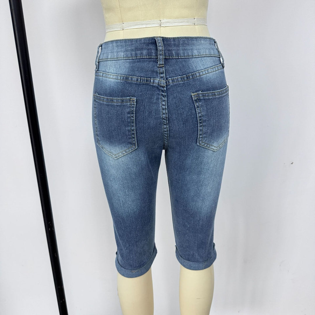 Damer Motemessige Zdestroyed Denim-Shorts med Høy Midje og Rivne Detaljer Skjora