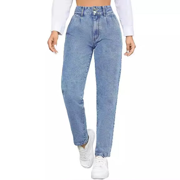 Damen High-Waist Boyfriend Jeans med klassisk snitt og knapppdetaljer Skjora