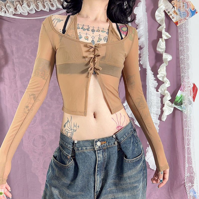 Dame lang Arm Mesh Bluse med justerbart knutedesign Skjora