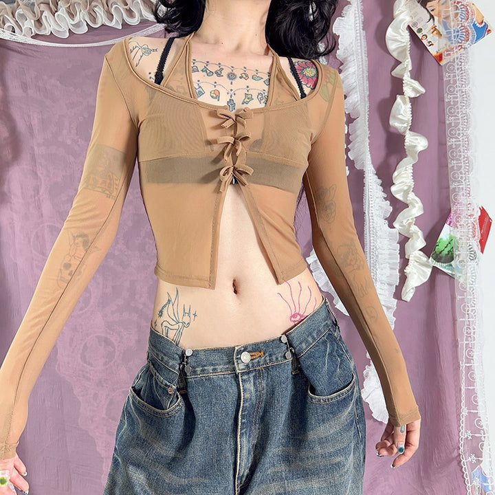 Dame lang Arm Mesh Bluse med justerbart knutedesign Skjora