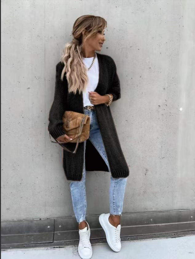 Dame chunky strikket cardigan med oversized ermer og fashionable design Skjora