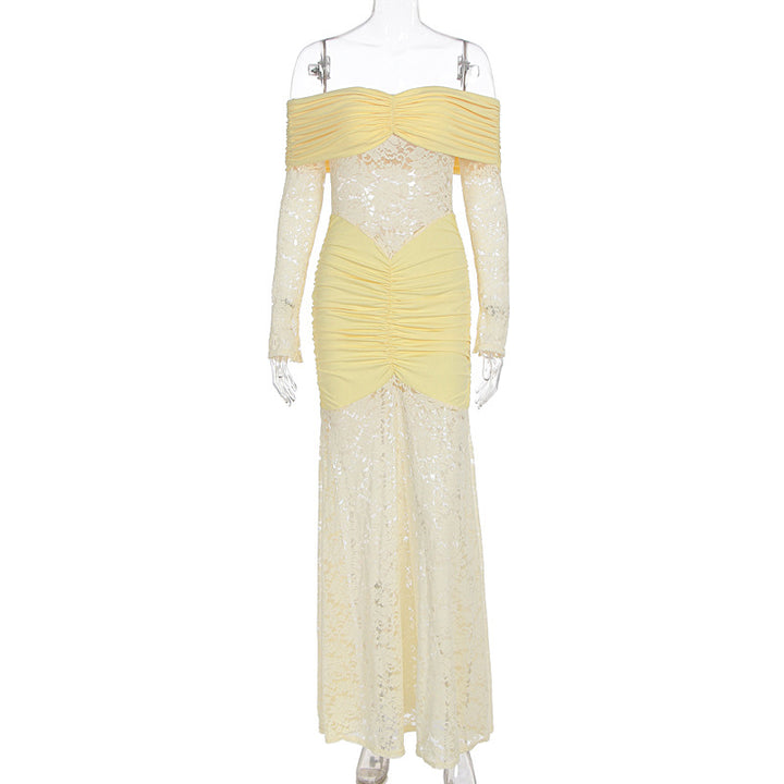 Dame Elegant spiss maxikjole med elegant off-shoulder design og rynker Skjora