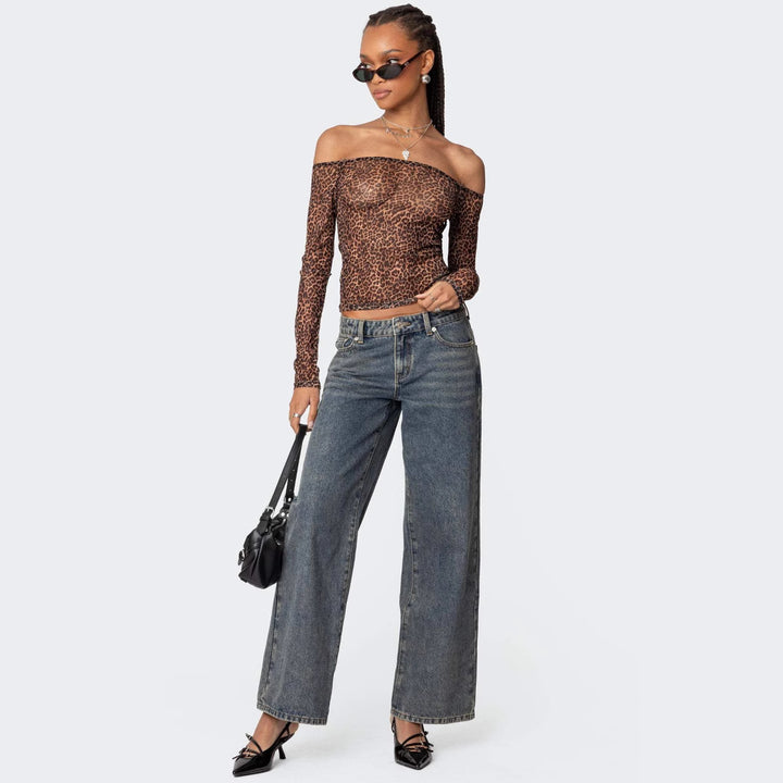 Dame Off-Shoulder Langarmshirt med leopardmønster Skjora