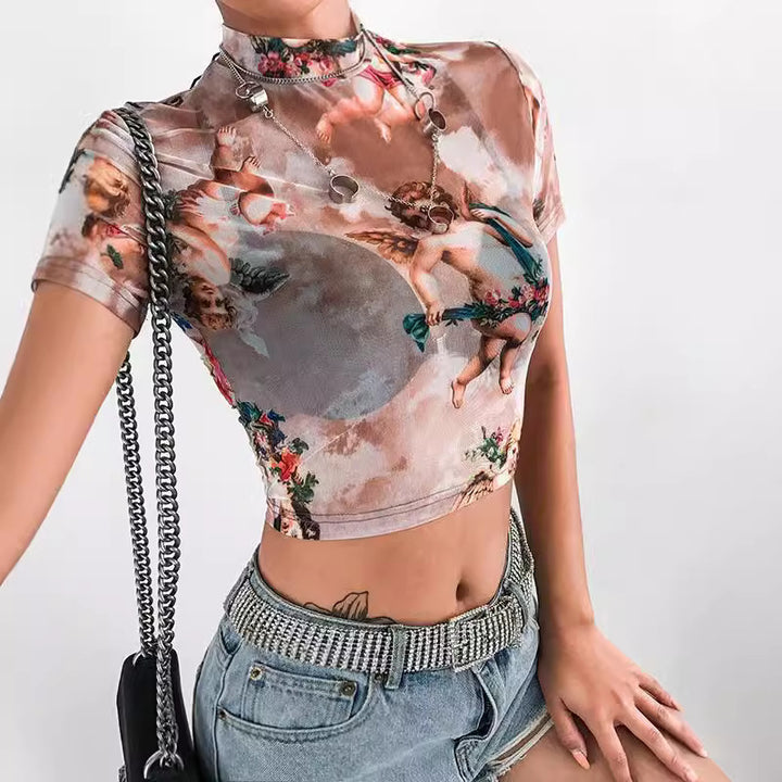 Damer Høyhalset Crop-Top med romantiske engelmotiver Skjora
