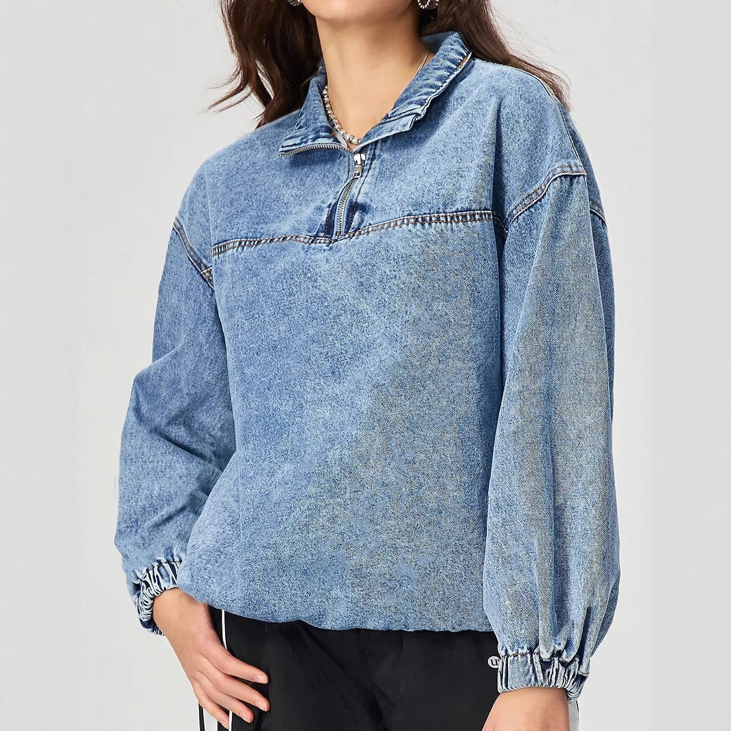 Kvinne løs denim genser med ståkrage og glidelås Skjora