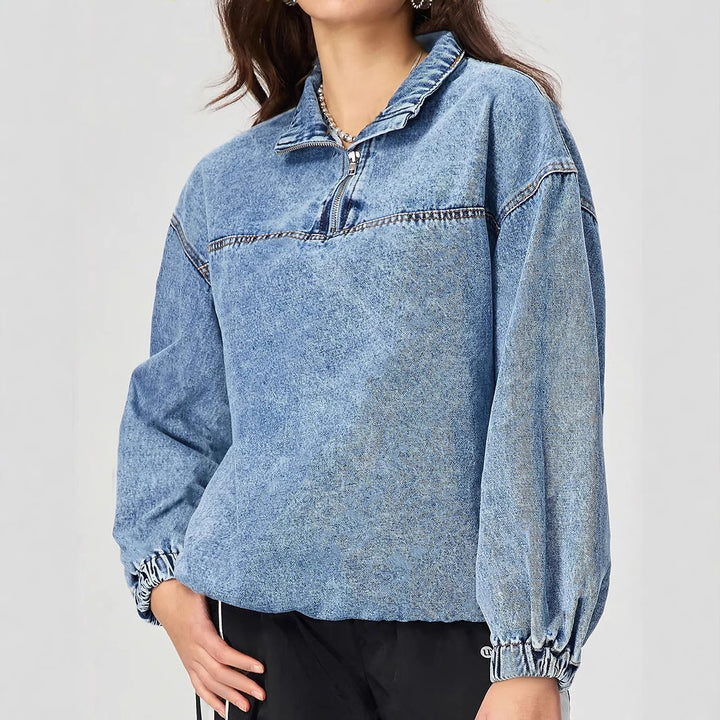 Kvinne løs denim genser med ståkrage og glidelås Skjora