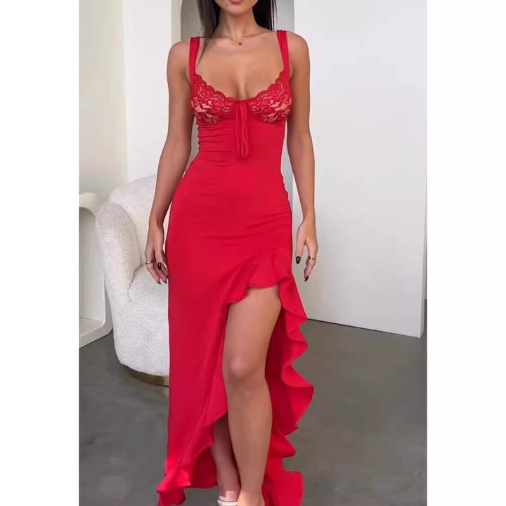 Dame Elegante Maxi Kjole med Blonder Korsett og Asymmetrisk Hem Skjora